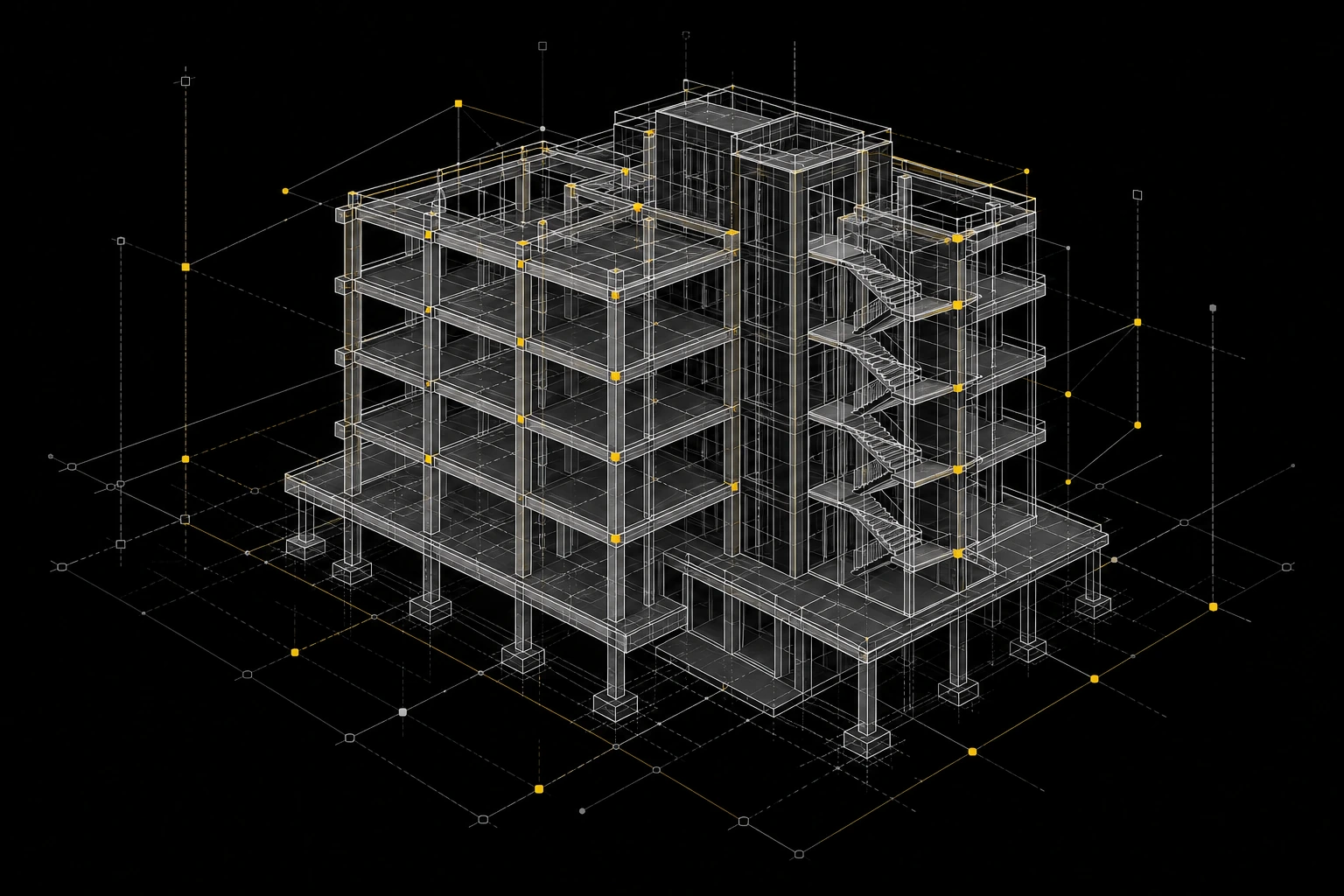 Abstract technical BIM illustration with a structural wireframe and connected data nodes.
