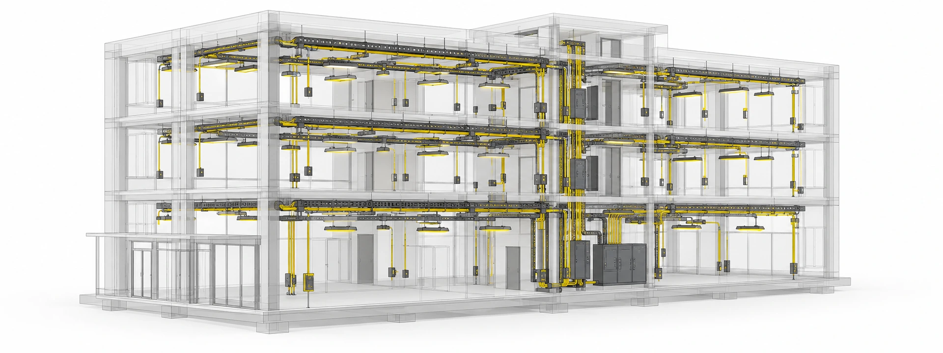 Elektrik BIM modeli: kablo tavaları, borulamalar, aydınlatma armatürleri ve dağıtım panoları.
