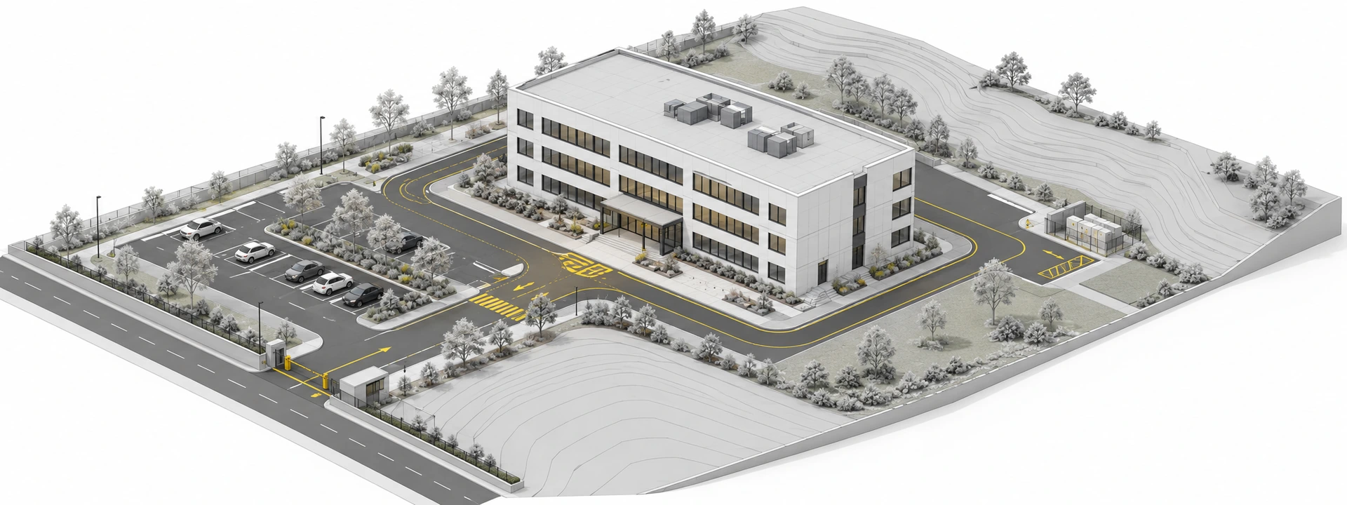 BIM vaziyet modeli: ulaşım yolları, otopark, arazi ve saha altyapısı.